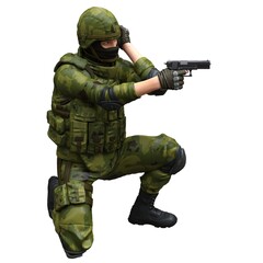 Soldier with a handgun isolated white background 3d illustration