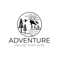 Minimalist camping mountain logo illustration template design,in a circle camping adventure