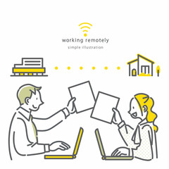 オンラインで書類を共有するビジネスパーソン　シンプルでお洒落な線画イラスト