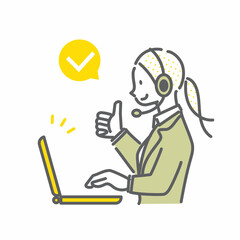 サムアップするオペレーターの女性　シンプルでお洒落な線画イラスト