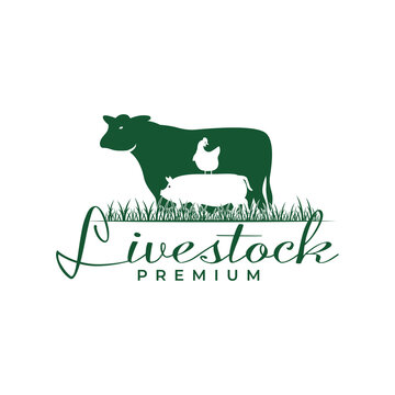 Farm animal, cow, chicken and pig logo inspiration Flat design. Vintage western farm vector illustration concept