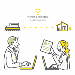 オンラインで書類を送付するビジネスパーソン　シンプルでお洒落な線画イラスト