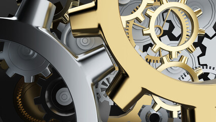Gold and silver cogwheel abstract background,Systematic working mechanism concept,working of gears,3d rendering