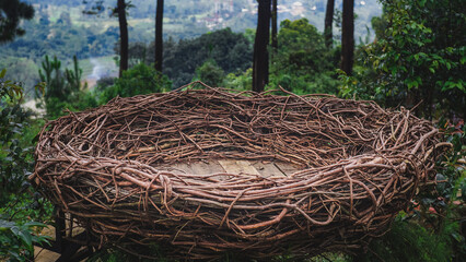 Large bird nests in tourist attractions as selfie spots. Tourism site