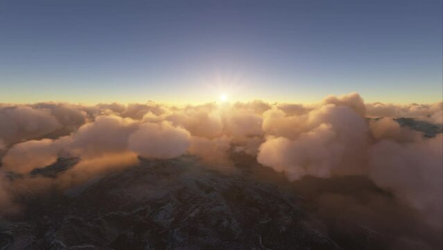 Flying through the clouds at sunrise in the mountains. Aerial view moving forward