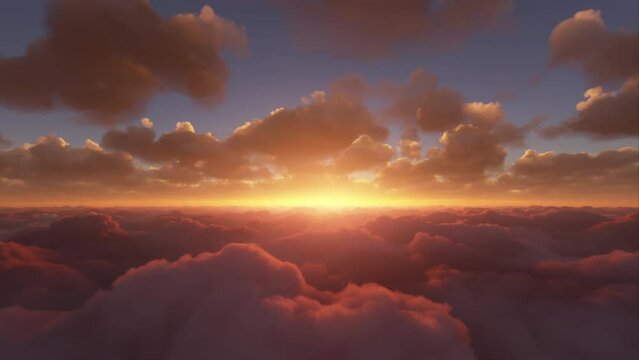 Flying through the clouds at sunrise. Aerial view moving forward