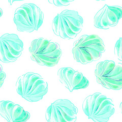 Background of Blue delicate marshmallows, bizet cakes. Graphic color drawing with handmade watercolor paint. Confectionery products.