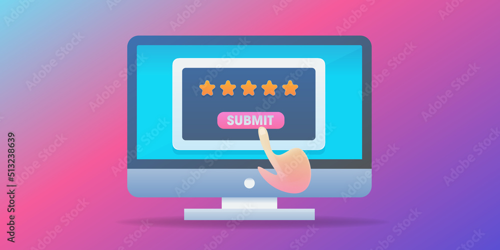 Poster 3d style concept of online customer review survey, user hand submits five star rating experience and