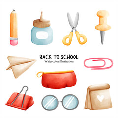 Back to school, watercolor stationary. Vector illustration.