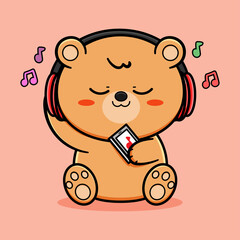 cute bear listen music vector design