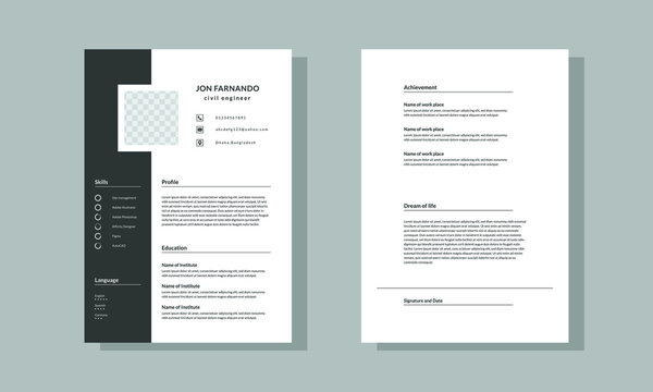 Professional CV resume template design and A4 size two page vector minimalist - black and white.