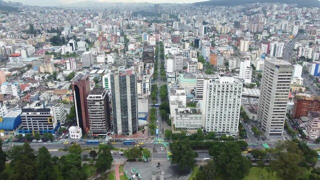 Quito, Ecuador: Aerial drone footage of the La Mariscal business and downtown district in Quito, Ecuador capital city in the Andes in South America