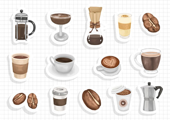 Watercolor coffee collection, sticker sheet. Vector illustration