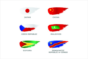 Unique set of World flags Japan, China, Czech Republic, Maldives, Guyana and Democratic Republic of Congo