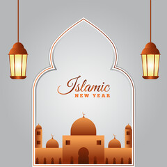 Happy islamic new year eid hijri mubarak poster background design. Great mosque with hanging lattern lamp in gray white background