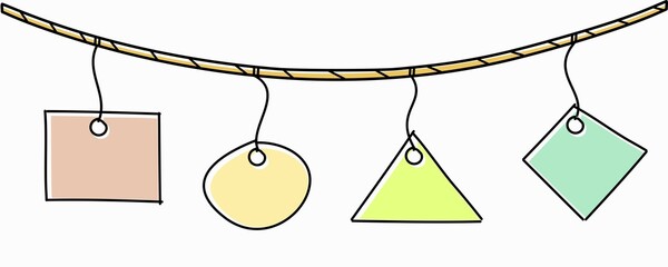 hanging frame on white background. Brown Rope, red paper, yellow paper, brown paper, blue paper