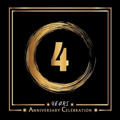 4 years anniversary celebration with grunge circle brush and gold frame isolated on black background. Creative design for happy birthday, wedding, ceremony, event party, and greeting card.