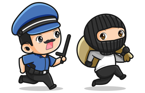 Cute police chasing thief vector design