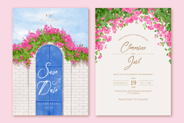Set of wedding invitation with hand drawn watercolor spring pink bougainvillea flower Santorini background - obrazy, fototapety, plakaty