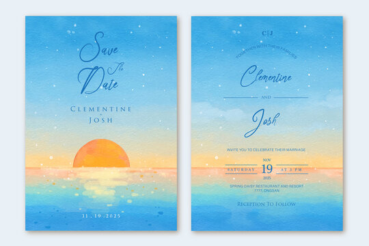 Watercolor pastel sky sunset beach wedding invitation set template