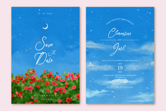 Watercolor red rose night sky landscape wedding invitation set template