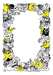 Frame of doodle monsters by hand drawn, cute decorative aliens, cartoon border vector