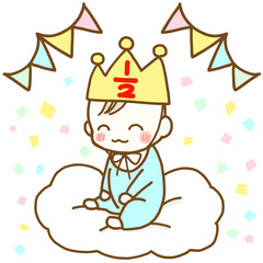 お座りするハーフバースデーの赤ちゃん