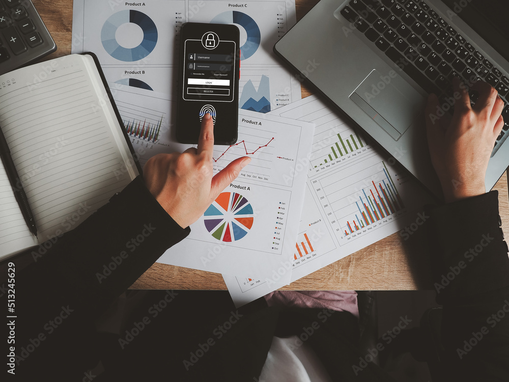 Poster business woman scanning finger security data file access identity authentication