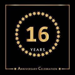 16 years anniversary celebration with golden circle star frame isolated on black background. Creative design for happy birthday, wedding, ceremony, event party, invitation event, and greeting card.