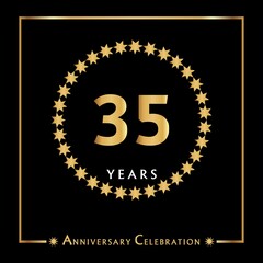 35 years anniversary celebration with golden circle star frame isolated on black background. Creative design for happy birthday, wedding, ceremony, event party, invitation event, and greeting card.