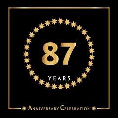 87 years anniversary celebration with golden circle star frame isolated on black background. Creative design for happy birthday, wedding, ceremony, event party, invitation event, and greeting card.