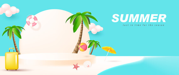 Fototapeta na wymiar Summerposter banner template for promotion with product display cylindrical shape and beach background