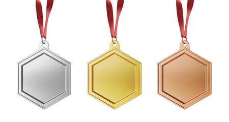 elegant exclusive achievement medallion award mockup six sided hexagon shape in gold silver bronze metal with red pendant strap lanyard front view isolated realistic