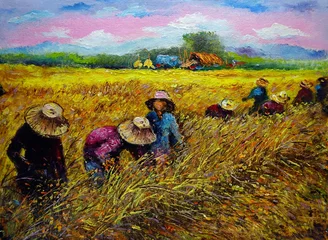 Fotobehang Schilderij hand painted  original impressionism masterpieces painter art oil painting background harvest rice farmer agriculturist from countryside thailand fragment of artwork concept material copy space   © Kwang Gallery