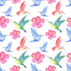 Afwasbaar Fotobehang Vlinders Naadloze patroon. Aquarel tropische kolibrie en bloem hibiscus geïsoleerd op een witte achtergrond.