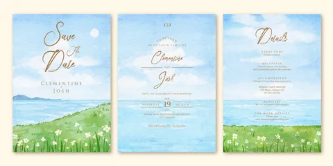 Fototapeten Set of wedding invitation with landscape beach hand drawn watercolor background template © cocomomo