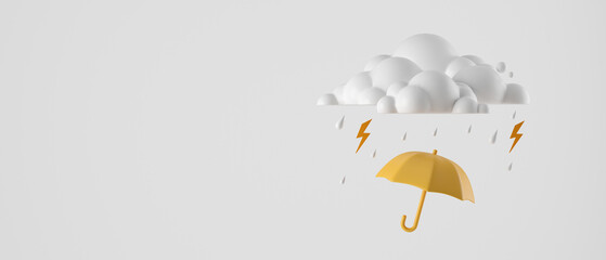 3d cartoon rain clouds and yellow umbrella on white background. concept rainy season for banner, cover, poster, brochure. 3d rendering illustration