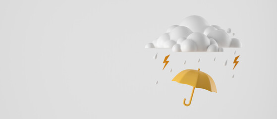 3d cartoon rain clouds and yellow umbrella on white background. concept rainy season for banner, cover, poster, brochure. 3d rendering illustration © allme3d
