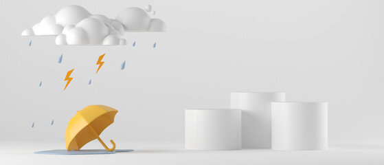 Fototapeta premium 3d podium cartoon concept rainy season background. 3d rendering illustration umbrella and clouds with rain on white background for banner, cover, brochure.