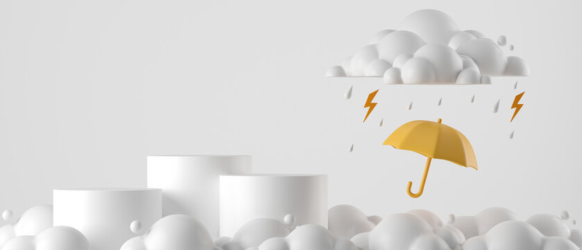 Podium 3d cartoon rain season yellow umbrella and clouds with rain on white background. concept for banner, cover, brochure. 3d rendering illustration