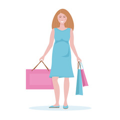 A pregnant woman with shopping bags in her hands. A smiling woman with shopping.