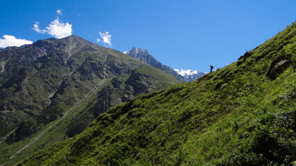 a tourist descends from the mountain along the trail.beautiful panorama of the mountains.