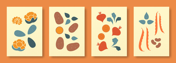 Fototapeta na wymiar Abstract still life of vegetables. Collection of contemporary art in pastel colors for websites. Vector symbol set.