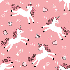 Seamless vector pattern with cute unicorns diamonds, hearts and rainbows. Perfect for textile, wallpaper or nursery print design.  © MirabellePrint