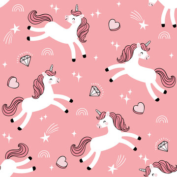 Seamless vector pattern with cute unicorns diamonds, hearts and rainbows. Perfect for textile, wallpaper or nursery print design. 