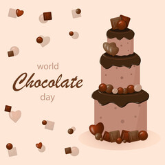 Illustration of a chocolate cake on a beige background with small ,collored chocolates.