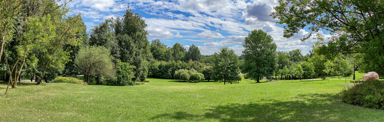 Fototapeta na wymiar picturesque scenery of summer park with trees and green lawns