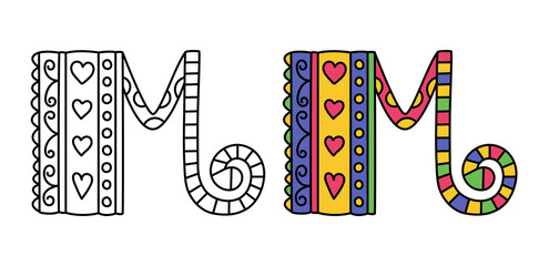 Doodle letter M. Hand drawn line ABC. Sketch alphabet. Kids illustration for coloring book. Editable