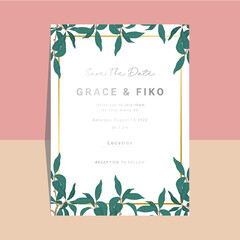 wedding invitation template design with peach tree and leaf background