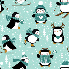 Seamless vector pattern with cute penguins and snowflakes on mint background. Perfect for textile, wallpaper or nursery print design.